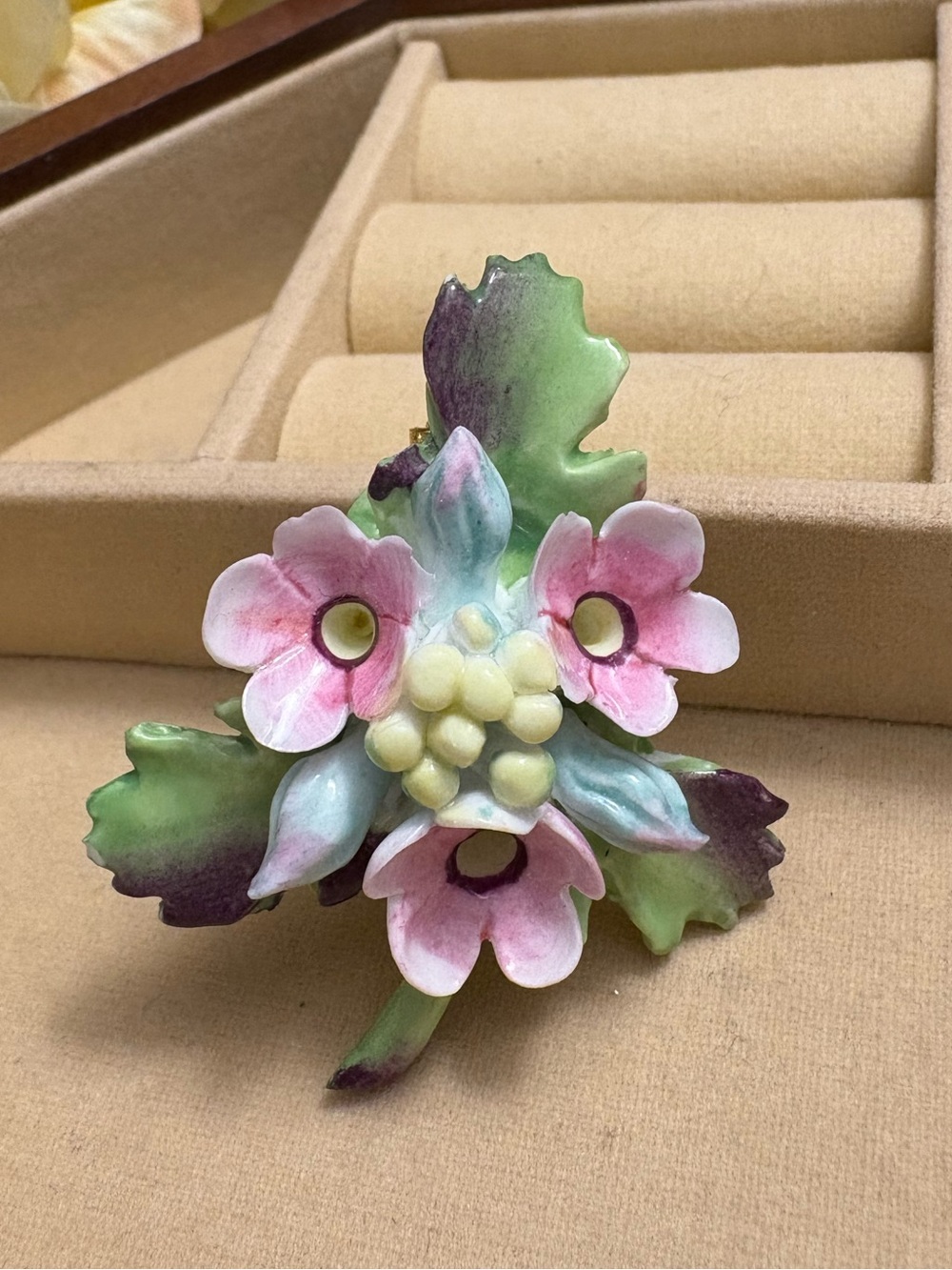 Handcrafted Pink Floral Porcelain Brooch with Green Leaves